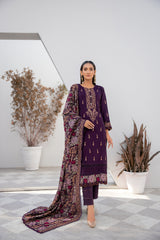 Winter Dhanak 3-Piece Suit with Full Embroidered Shawl – Plum Purple