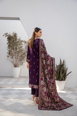 Winter Dhanak 3-Piece Suit with Full Embroidered Shawl – Plum Purple