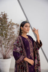 Winter Dhanak 3-Piece Suit with Full Embroidered Shawl – Plum Purple