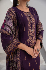 Winter Dhanak 3-Piece Suit with Full Embroidered Shawl – Plum Purple