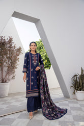 Winter Dhanak 3-Piece Suit with Full Embroidered Shawl – Navy Blue