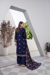 Winter Dhanak 3-Piece Suit with Full Embroidered Shawl – Navy Blue
