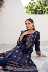 Winter Dhanak 3-Piece Suit with Full Embroidered Shawl – Navy Blue