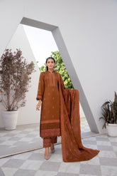 Winter Dhanak 3-Piece Suit with Full Embroidered Shawl – Cinnamon Brown