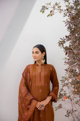 Winter Dhanak 3-Piece Suit with Full Embroidered Shawl – Cinnamon Brown