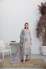 Winter Dhanak 3-Piece Suit with Full Embroidered Shawl – Frost Grey