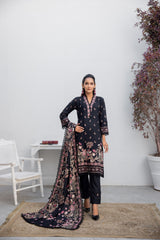Winter Dhanak 3-Piece Suit with Full Embroidered Shawl – Midnight Black