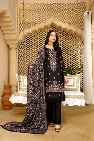 Black dhanak embroidered suit - unstitched - Threads & Weaves