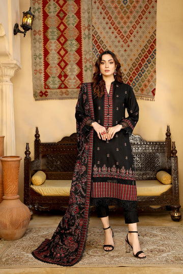 Black and maroon dhanak embroidered suit - unstitched - Threads & Weaves