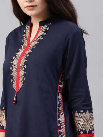Women Navy Blue & Red Yoke Design Straight Kurta only D2038