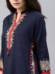 Women Navy Blue & Red Yoke Design Straight Kurta only D2038