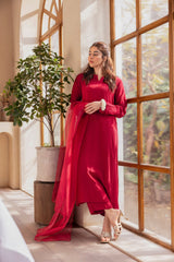 Maroon Embroidered Raw Silk 4PC Suit