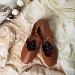 “Top view of PerfPastel Tan Khussa shoes for women, lightweight traditional footwear Pakistan”