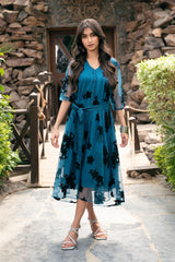 Applique Mesh Flare Dress - Sea Green 3PC