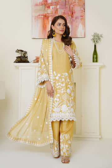 Sunshine yellow embroidered viscose suit - ready to wear - Threads & Weaves