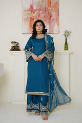 Elegant Teal Blue Embroidered Lawn 3-Piece Suit - Ready to Wear