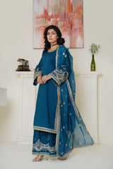 Elegant Teal Blue Embroidered Lawn 3-Piece Suit - Ready to Wear