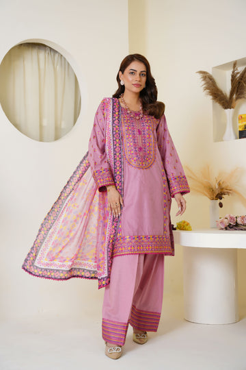 Mauve pink embroidered viscose suit - ready to wear - Threads & Weaves