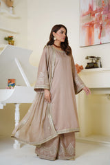 Champagne Beige Embroidered Viscose 3-Piece Suit – Ready to Wear
