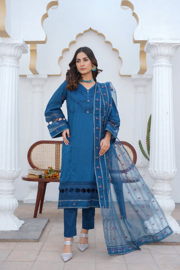 Sapphire blue pret embroidered dress 3-piece - ready to wear - Threads & Weaves