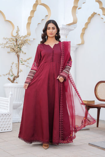 MAROON - PRET 3PC Embroidered Dress