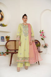 Embroidered Lime Green 3-Piece Ready-to-Wear Lawn Suit with Peach Dupatta