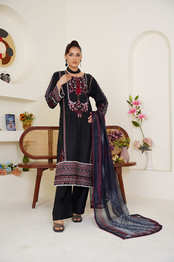 Black and maroon embroidered viscose pret suit - ready to wear - Threads & Weaves