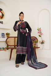 Black & Maroon Embroidered Viscose 3-Piece Pret Suit
