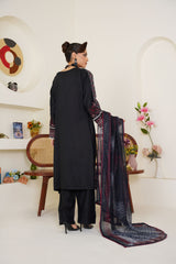 Black & Maroon Embroidered Viscose 3-Piece Pret Suit