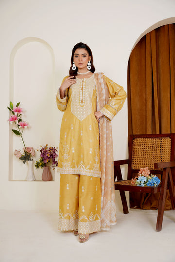 Golden mustard embroidered viscose pret suit - ready to wear - Threads & Weaves