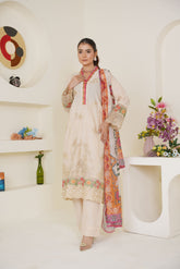 Ivory Cream Embroidered Lawn 3-Piece Pret Suit with Multicolor Dupatta