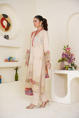Ivory Cream Embroidered Lawn 3-Piece Pret Suit with Multicolor Dupatta