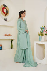 Pastel Sea Green Solid 3-Piece Ready-to-Wear Suit with Embroidered Dupatta & Trouser