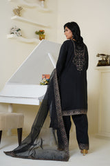 Classic Black Embroidered Viscose 3-Piece Suit – Ready to Wear