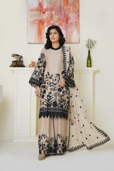 Chic Beige & Black Embroidered Viscose 3-Piece Suit - Ready to Wear
