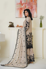 Chic Beige & Black Embroidered Viscose 3-Piece Suit - Ready to Wear