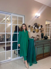 Green Raw Silk outfit with dupatta (3pc)
