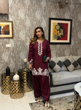 Burgundy embroidery farshi shalwar set