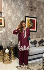 Burgundy embroidery farshi shalwar set