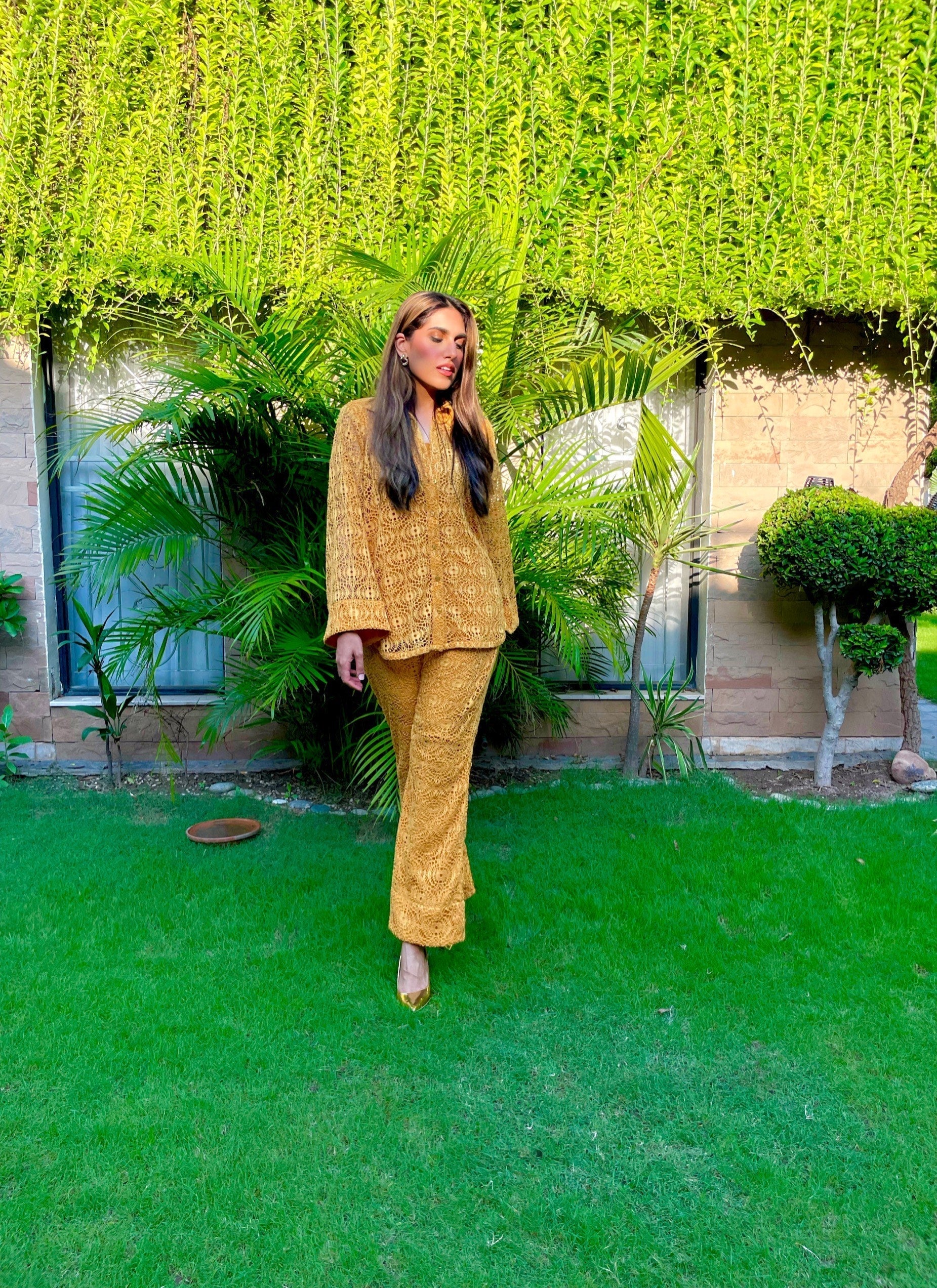 Mustard Crochet Co-Ord set Momina Ammar