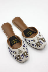 Premium Quality Back less White Multi Color Pearl Embroidered Jooti