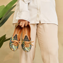 “Side angle of Tropicana Lace Up Khussa shoes showing embroidery detail and comfort fit for women”