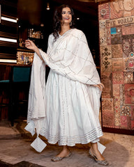 White Gota Anarkali Kurta And Pants With Dupatta- Set Of Three D2032