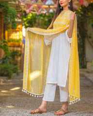 Ivory Suit With Chiffon Dupatta- Set Of Three D2020