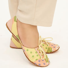 “Close-up of Whimsical Charm Lace Up Khussa shoes highlighting embroidery and leather texture”