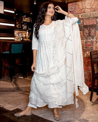 White Gota Anarkali Kurta And Pants With Dupatta- Set Of Three D2032