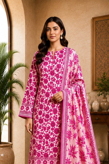 Motifz Rang Linen RL01 Fuchsia Pink digital printed linen 3 piece – model wearing the suit