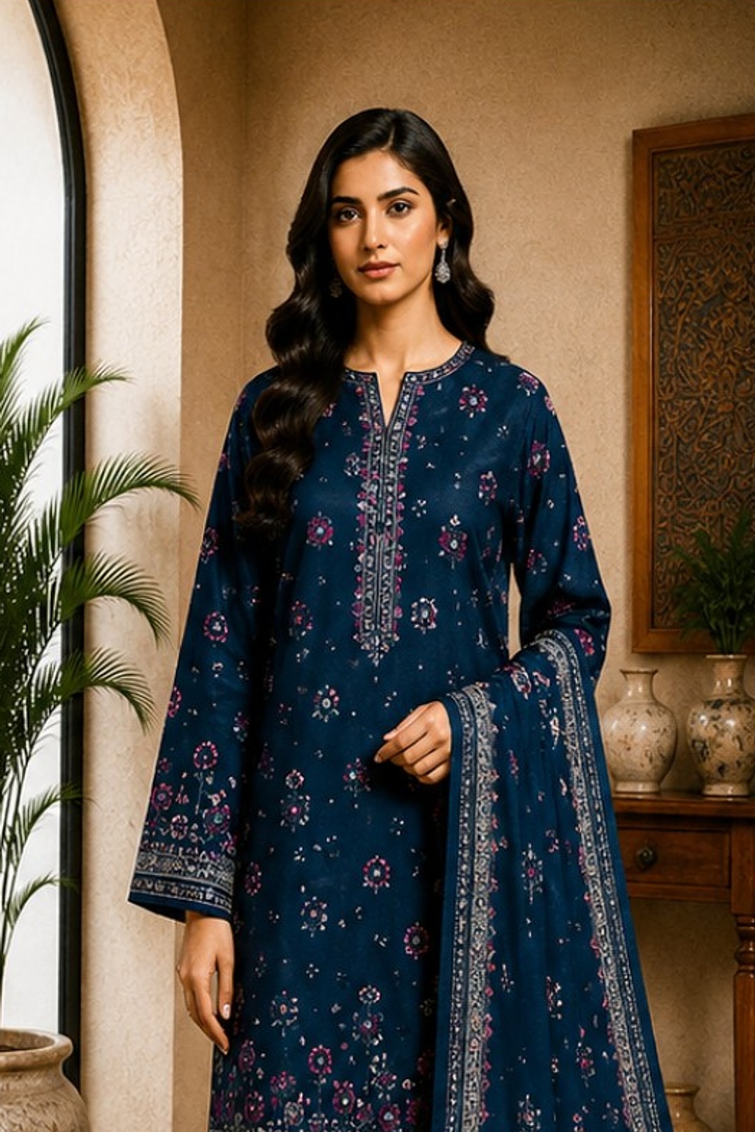 Motifz Rang Linen RL10 Midnight Navy digital printed linen 3 piece – model wearing the suit