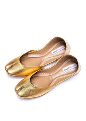 “Side view of Plain Gold Khussa shoes showing sleek leather design and comfortable fit for women”