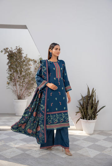 Winter dhanak suit teal - unstitched embroidered - Threads & Weaves